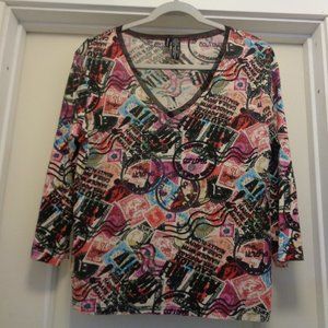 LYNN RICHIE SILK TRAVEL STAMPS BOHO BLOUSE W LACE L